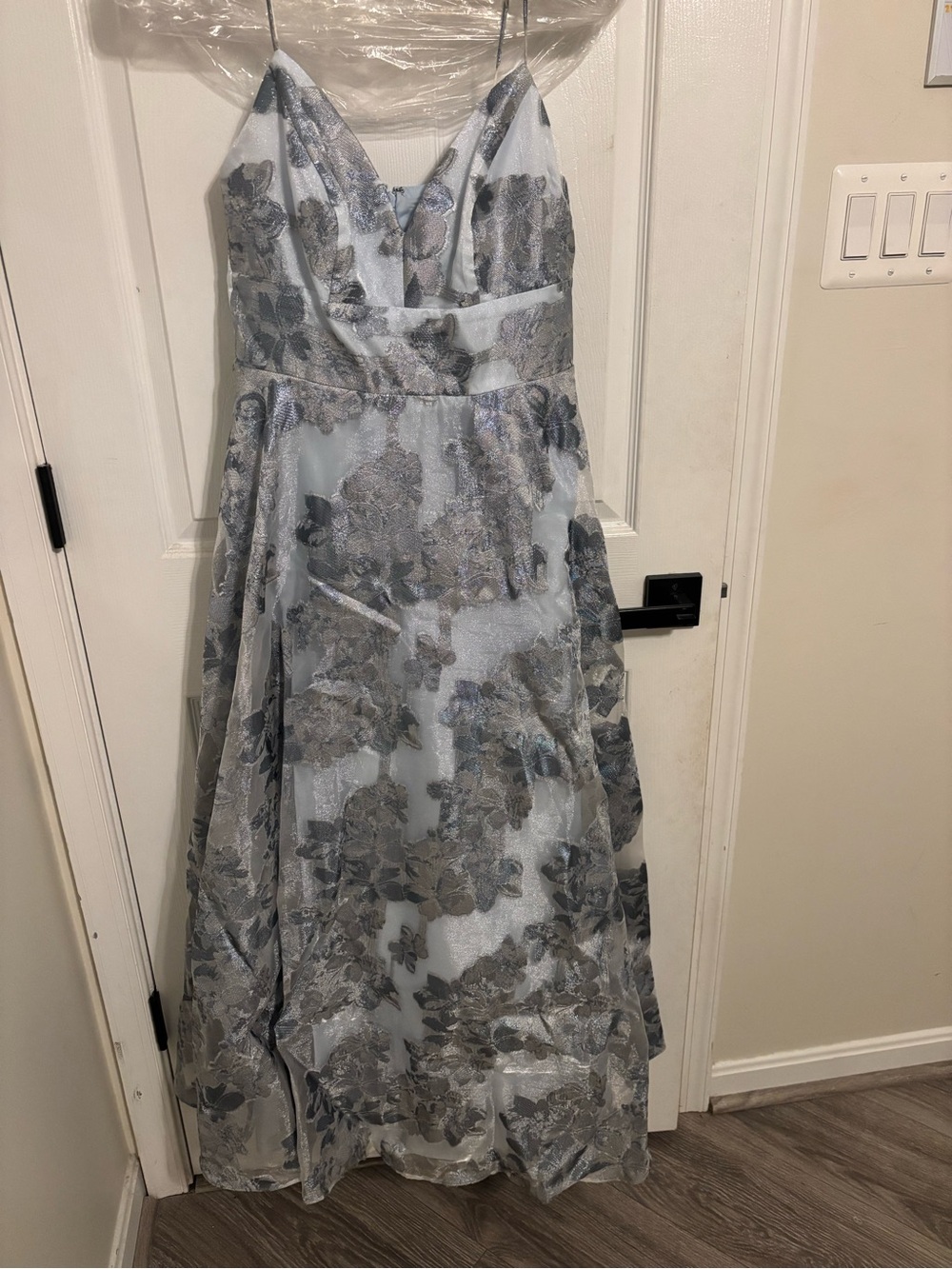 Eliza J Light Blue Floral Lace A-Line Spaghetti Strap Gown